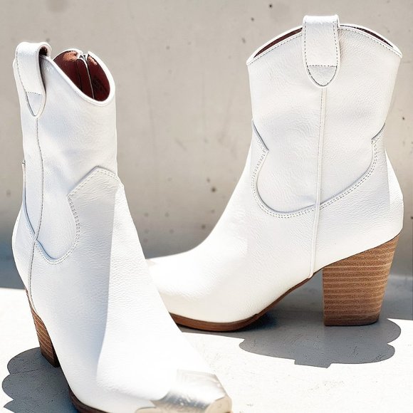 NEW White PU Leather Metal Cap Toe Block Heel Cowgirl Cowboy Western Ankle Boots - Picture 4 of 16